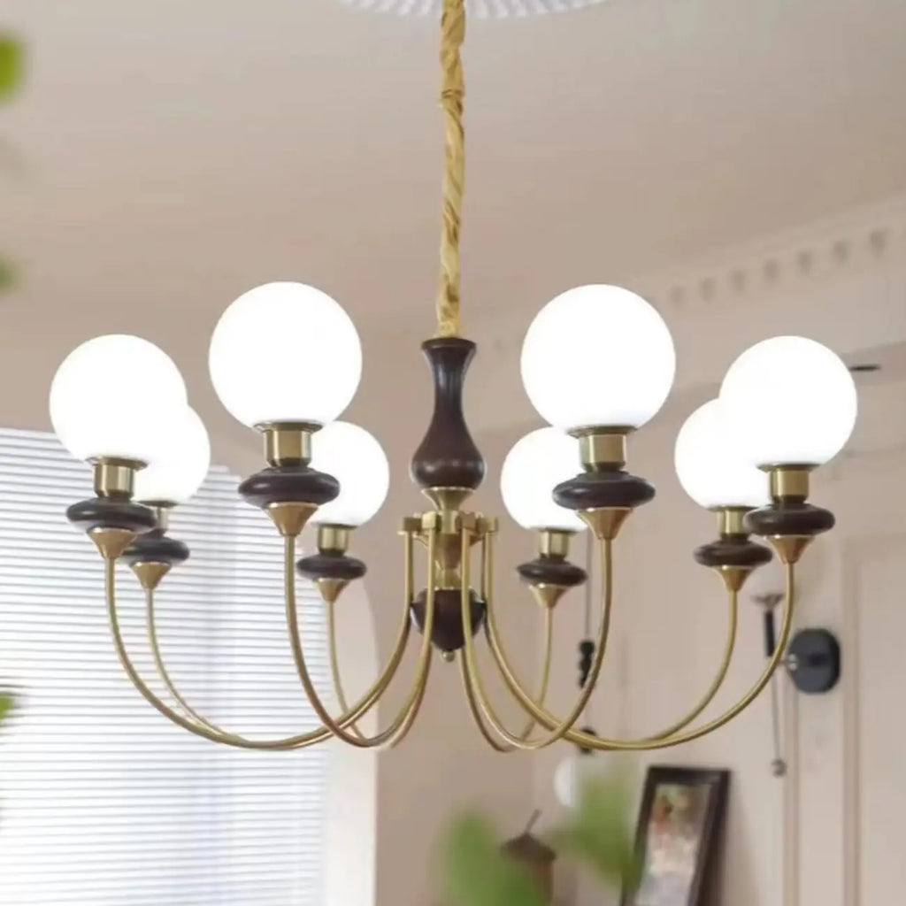 Lustre simple en bois, or et verre blanc, or