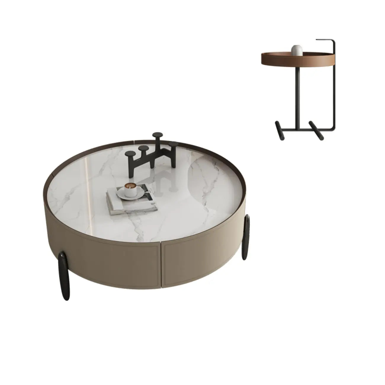 Table basse ronde beige moderne avec rangement pour salon