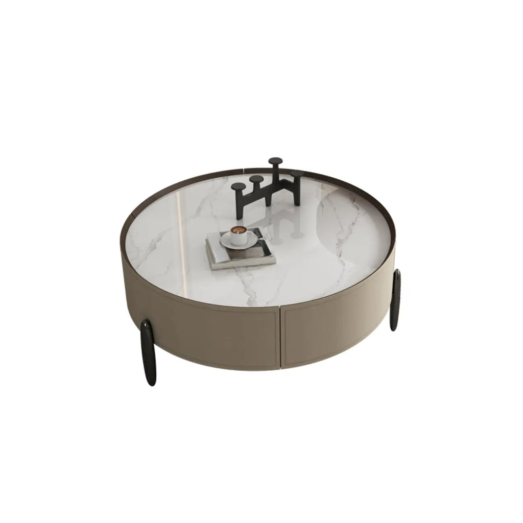 Table basse ronde beige moderne avec rangement pour salon