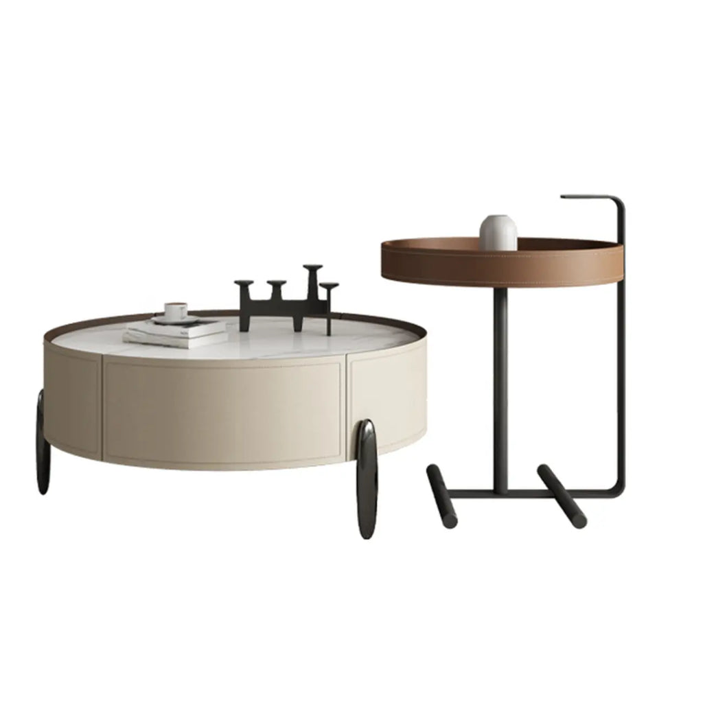Table basse ronde beige moderne avec rangement pour salon