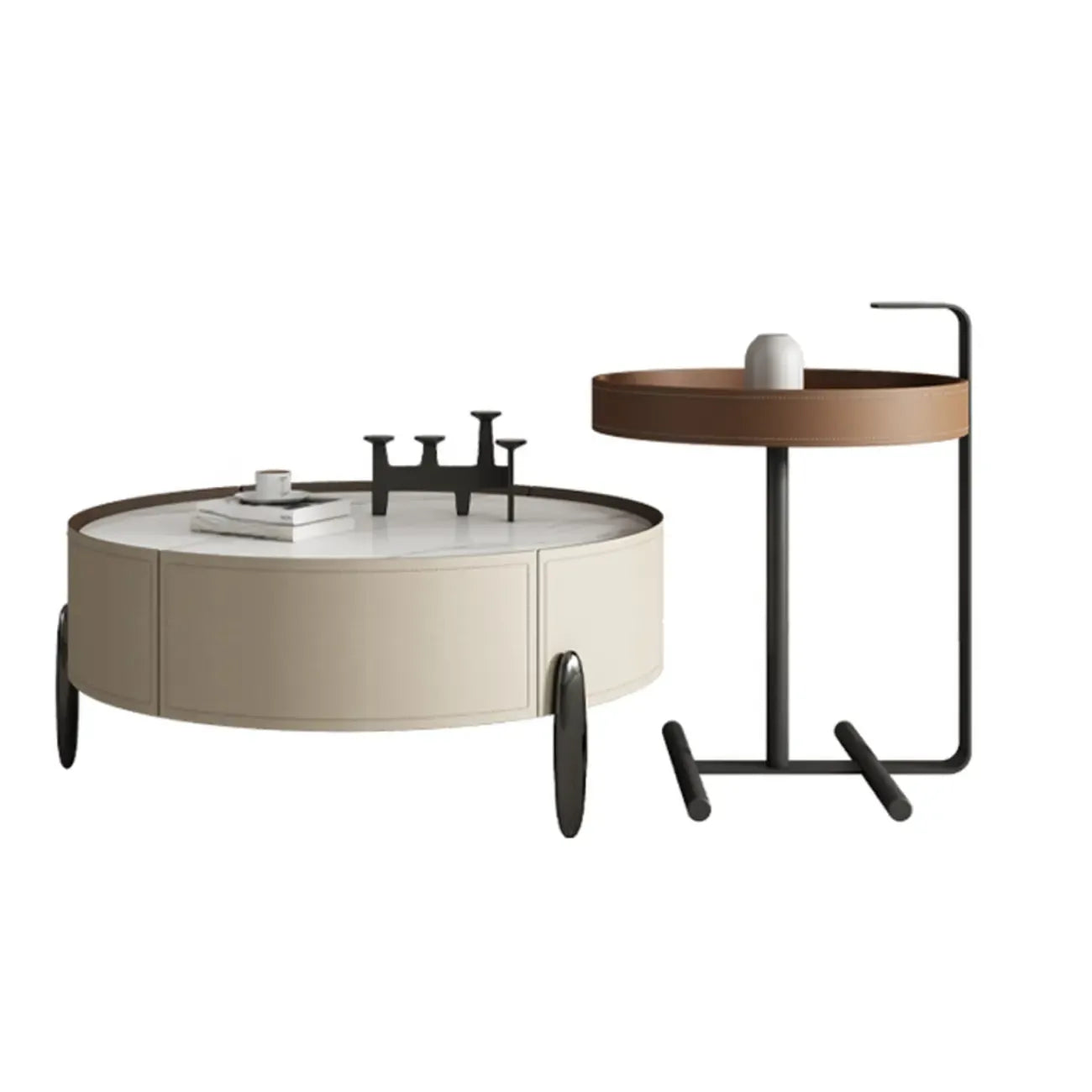 Table basse ronde beige moderne avec rangement pour salon