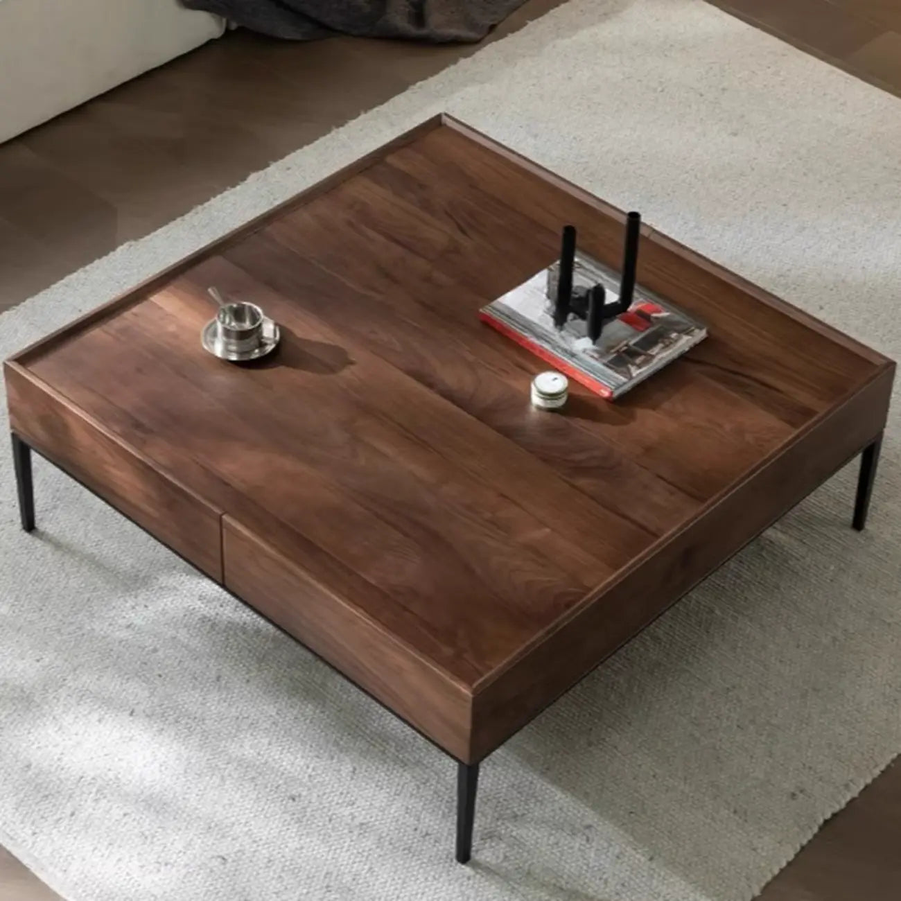 Table basse carrée rustique en bois avec rangement et plateau