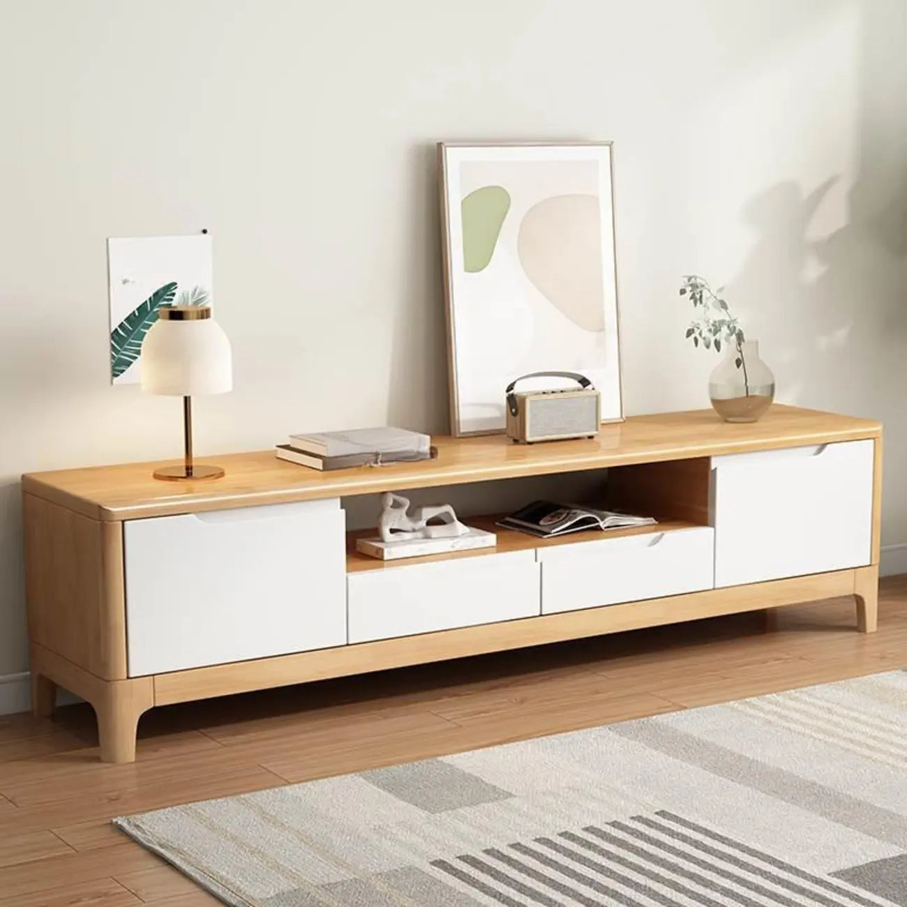 Meuble TV traditionnel en bois d'hévéa avec rangement pour salon