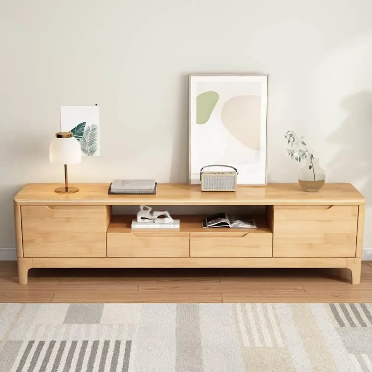 Meuble TV traditionnel en bois d'hévéa avec rangement pour salon