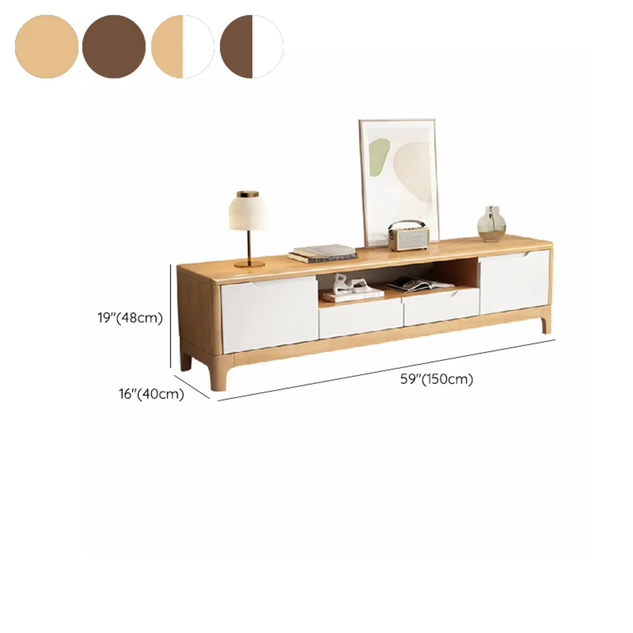 Meuble TV traditionnel en bois d'hévéa avec rangement pour salon