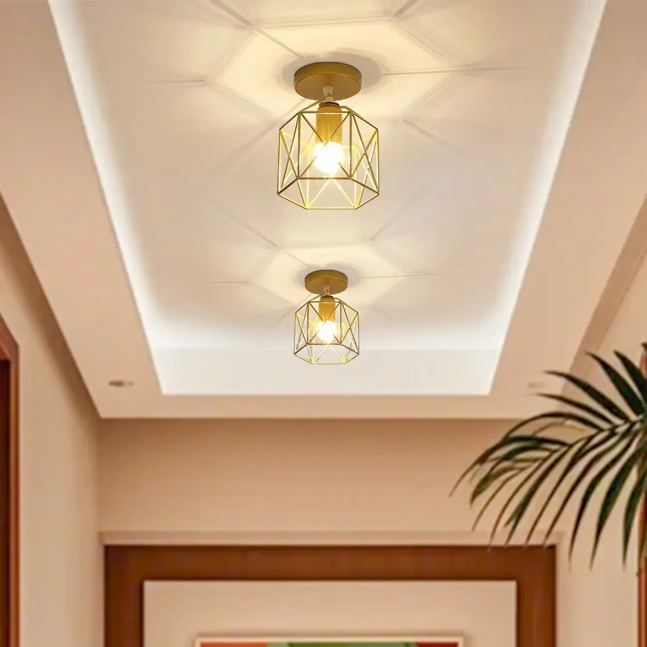 Plafonnier semi-encastré industriel géométrique en métal doré