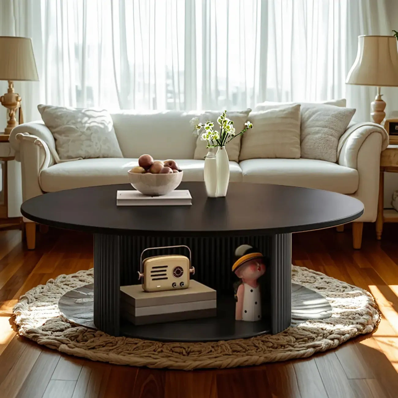 Ensemble de table basse ronde moderne en bois noir pour usage intérieur