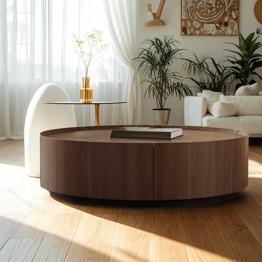 Table basse ronde en bois marron avec plateaux gigognes et 2 tiroirs