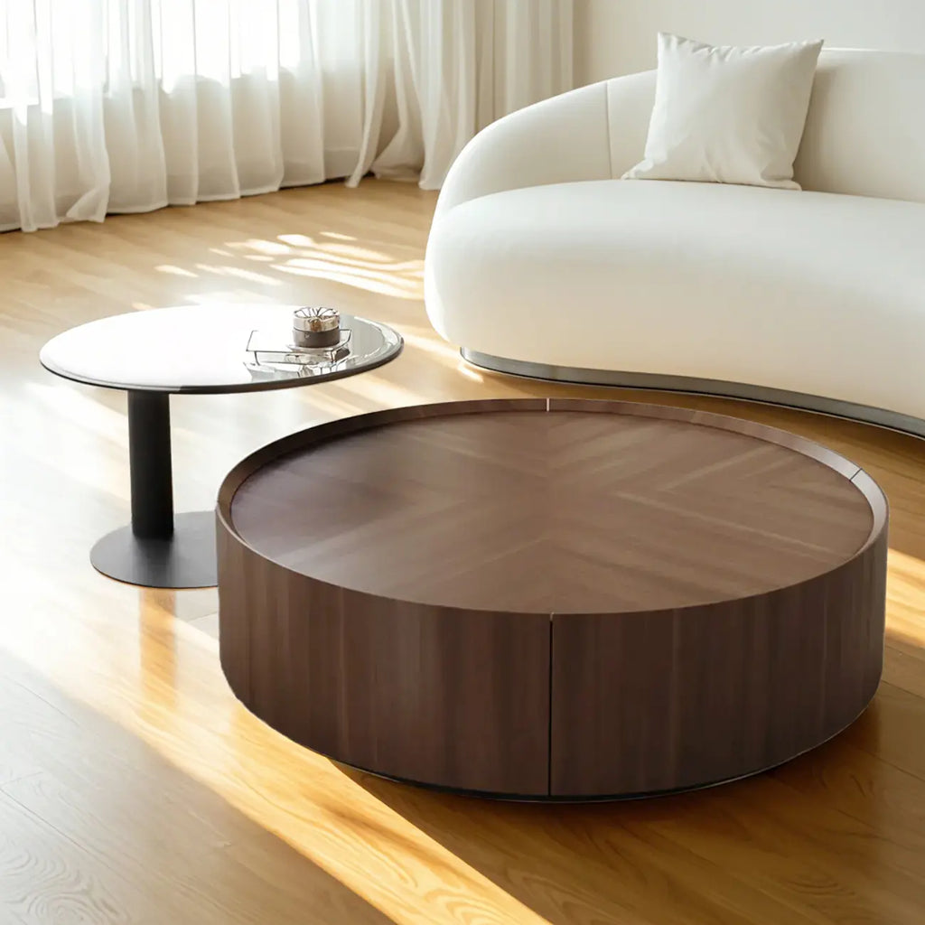 Table basse ronde en bois marron avec plateaux gigognes et 2 tiroirs