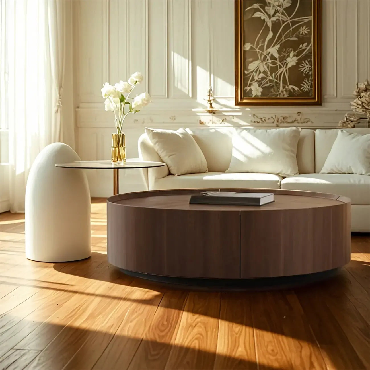 Table basse ronde en bois marron avec plateaux gigognes et 2 tiroirs