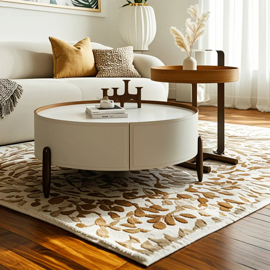 Table basse ronde beige moderne avec rangement pour salon