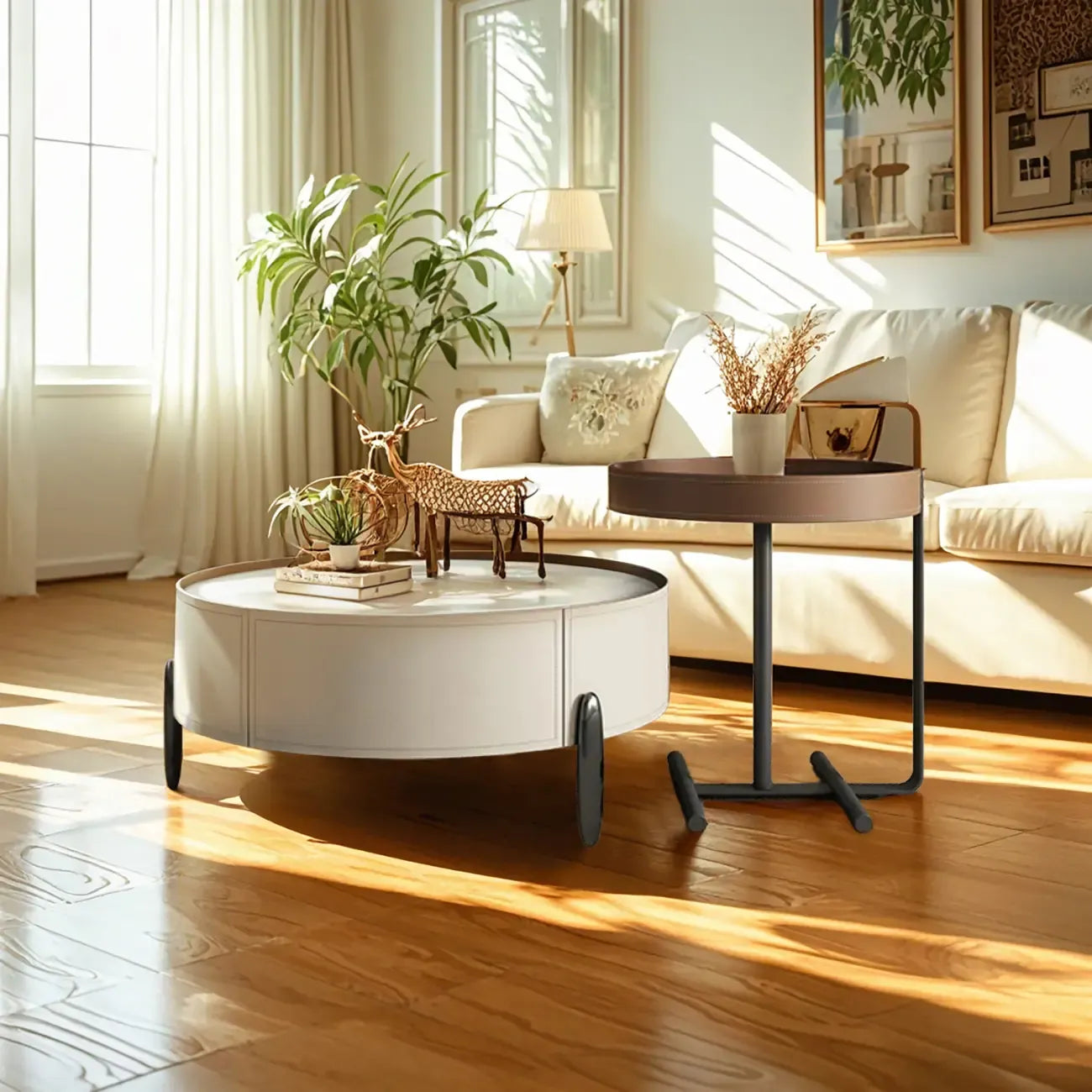 Table basse ronde beige moderne avec rangement pour salon