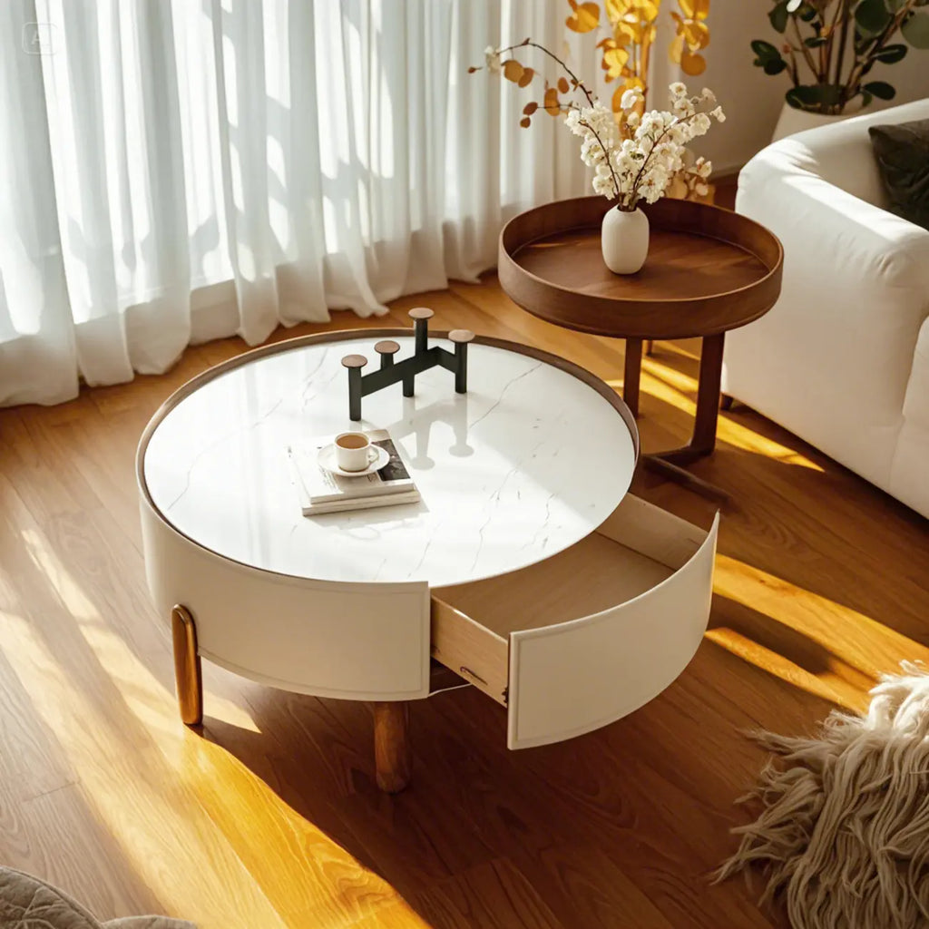 Table basse ronde beige moderne avec rangement pour salon