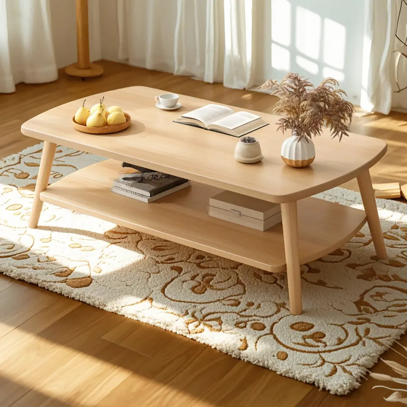 Table basse scandinave en bois à deux niveaux avec rangement