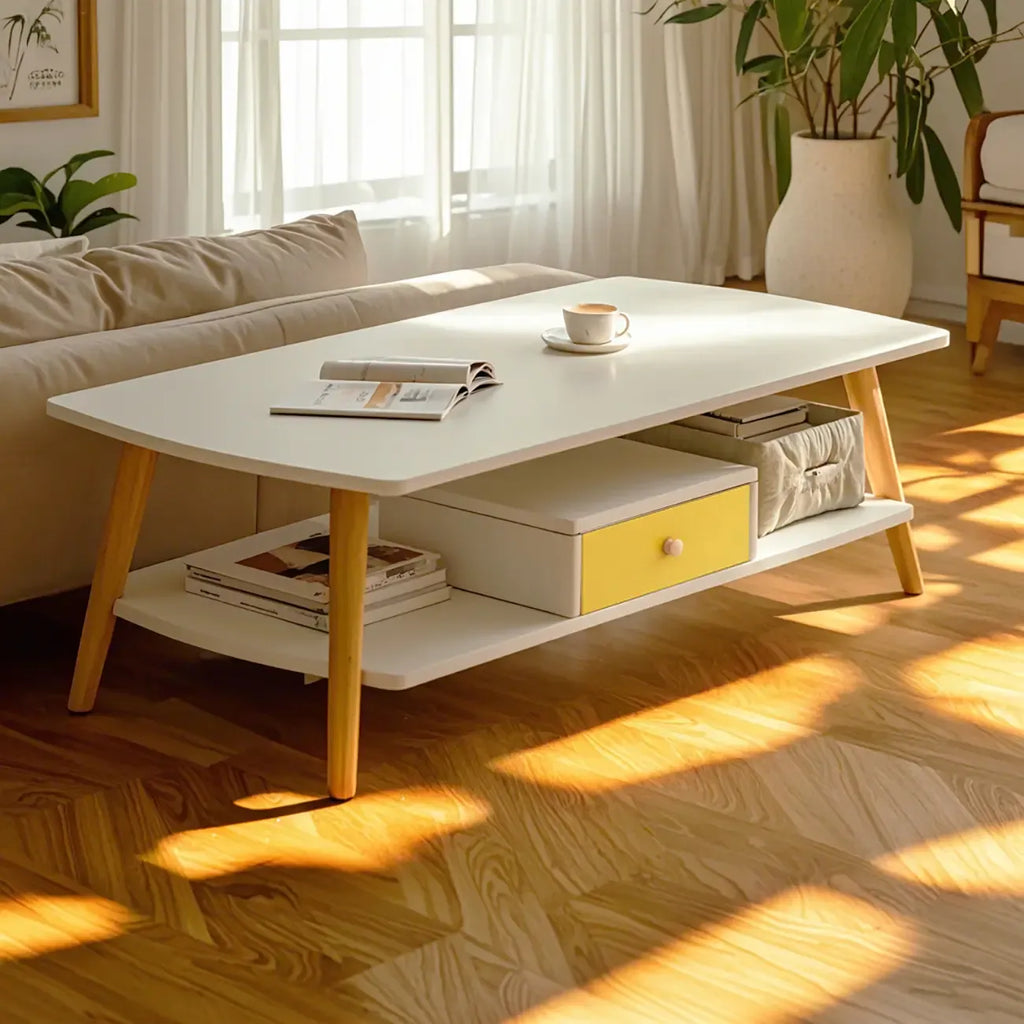 Table basse scandinave en bois à deux niveaux avec rangement