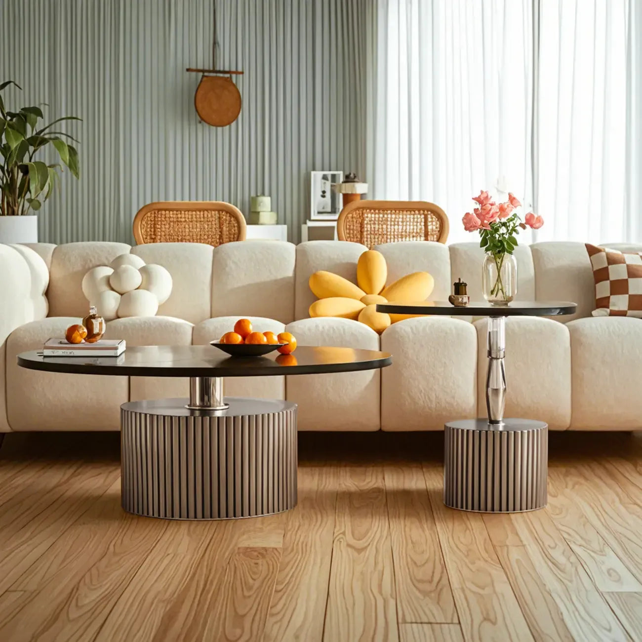 Table basse ronde moderne en verre imperméable avec piètement argenté