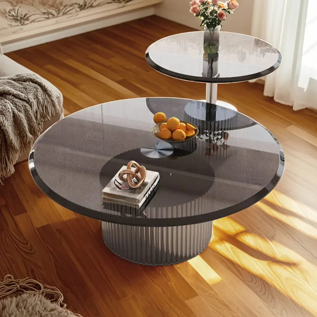 Table basse ronde moderne en verre imperméable avec piètement argenté