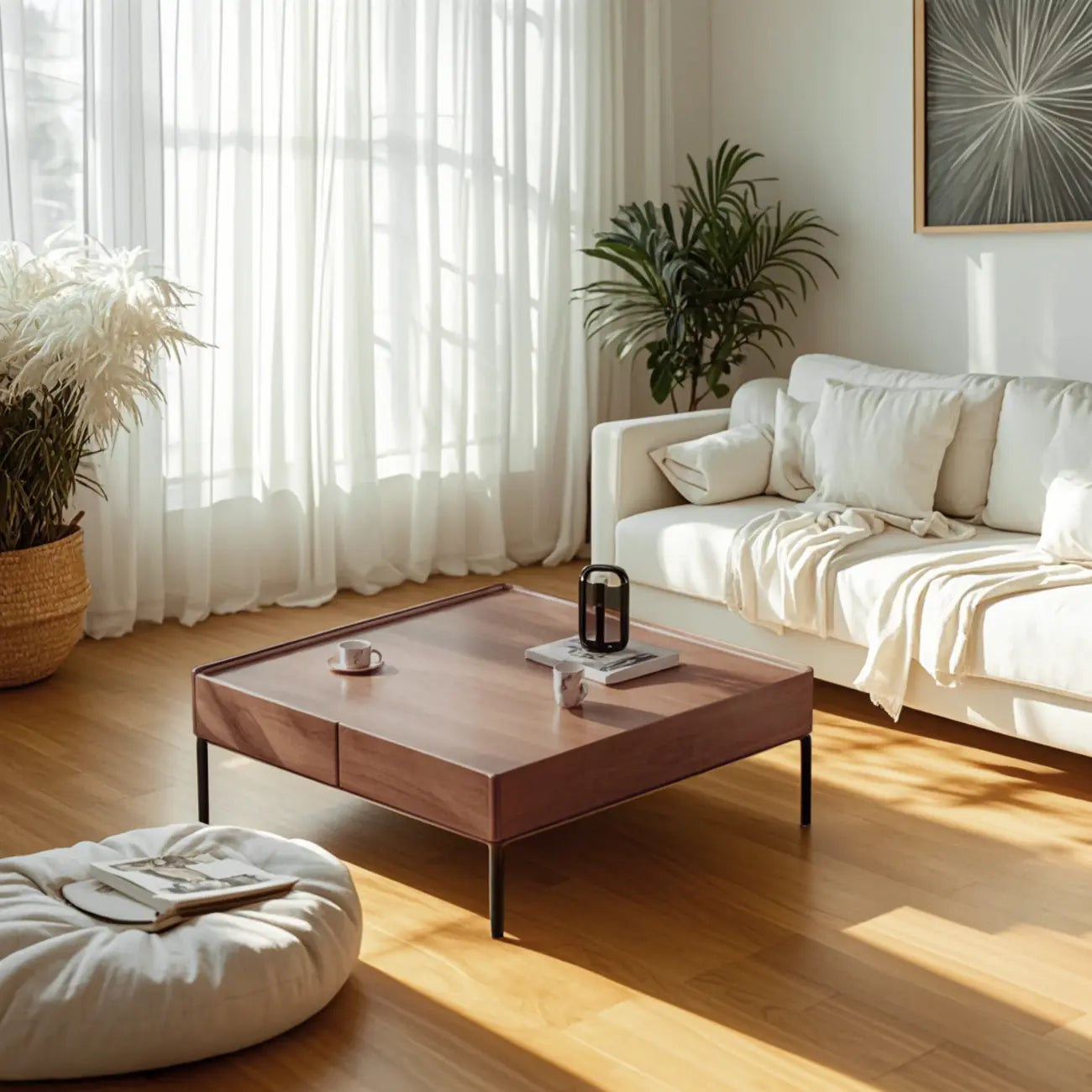 Table basse carrée rustique en bois avec rangement et plateau