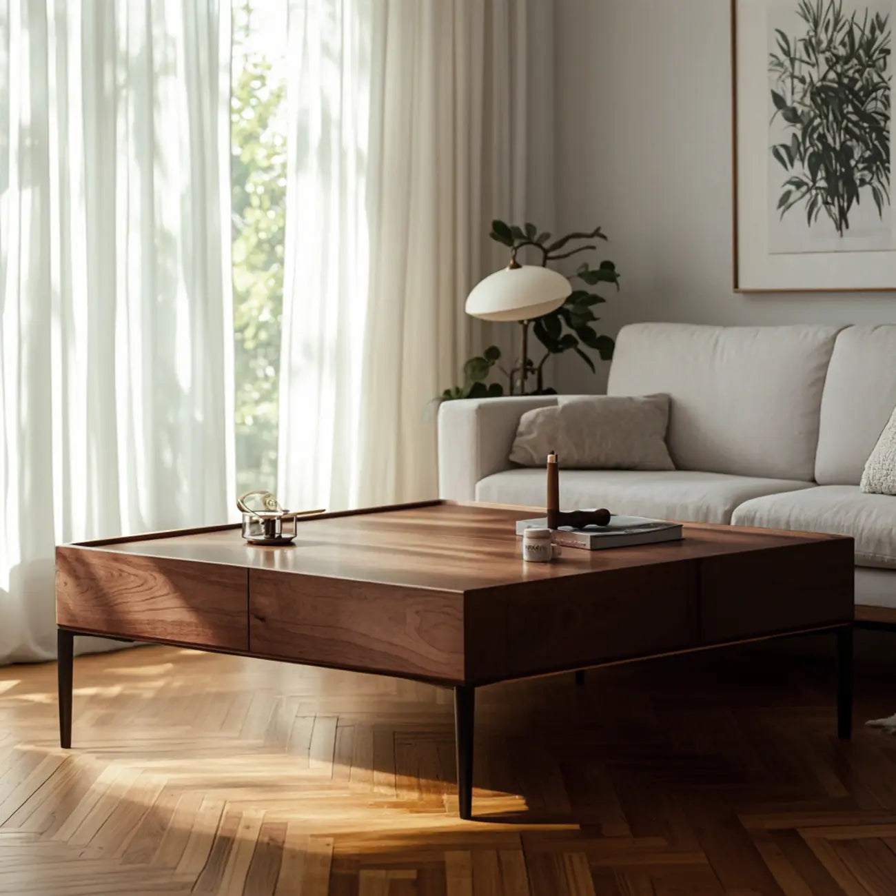 Table basse carrée rustique en bois avec rangement et plateau