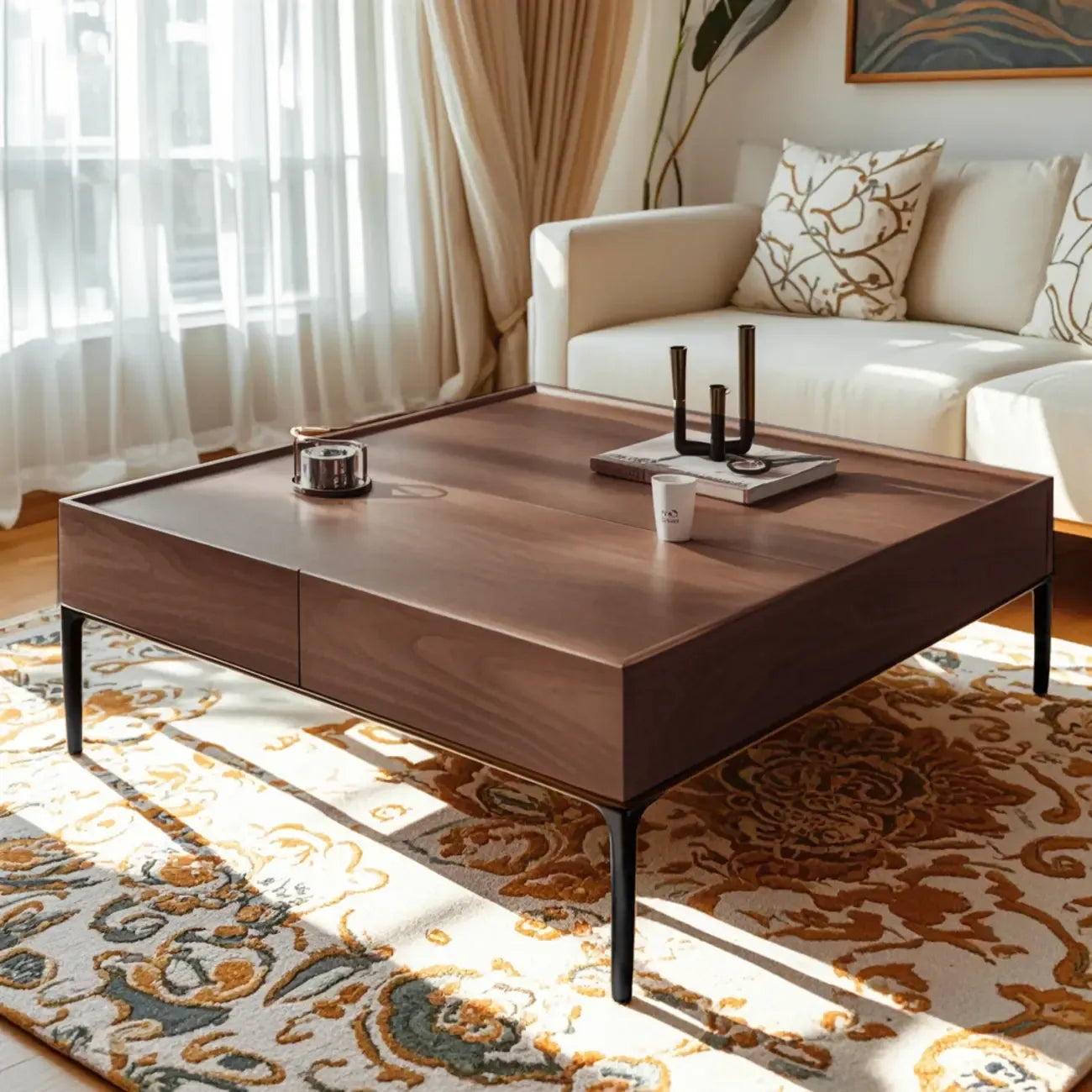 Table basse carrée rustique en bois avec rangement et plateau