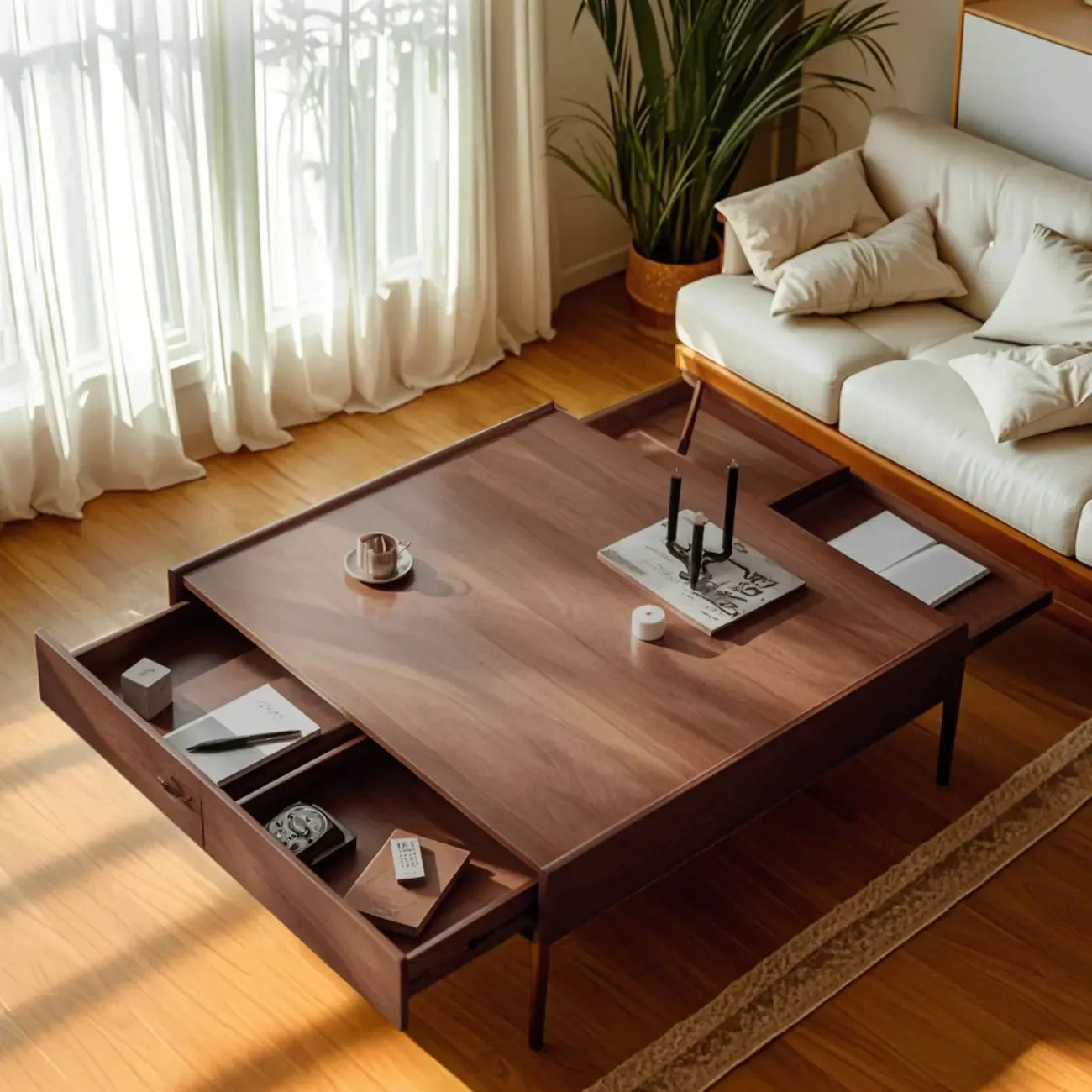 Table basse carrée rustique en bois avec rangement et plateau