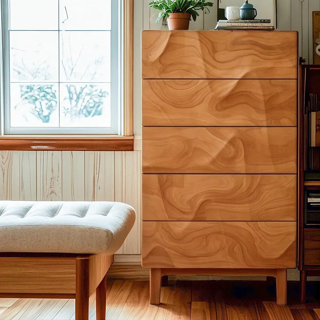 Commode carrée vintage en bois de cerisier texturé de 45 cm de hauteur avec 5 tiroirs