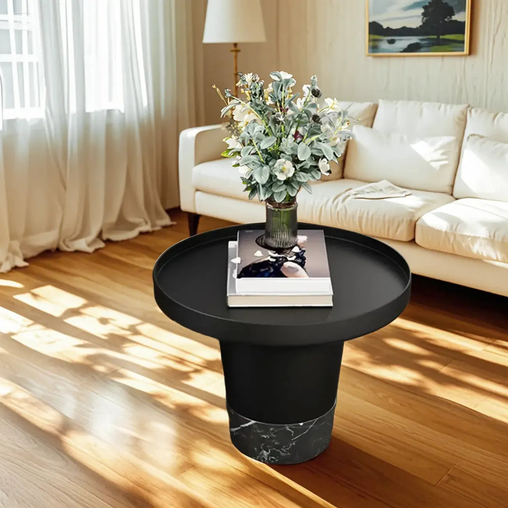 Table basse ronde moderne de petite taille, noire, avec base en marbre