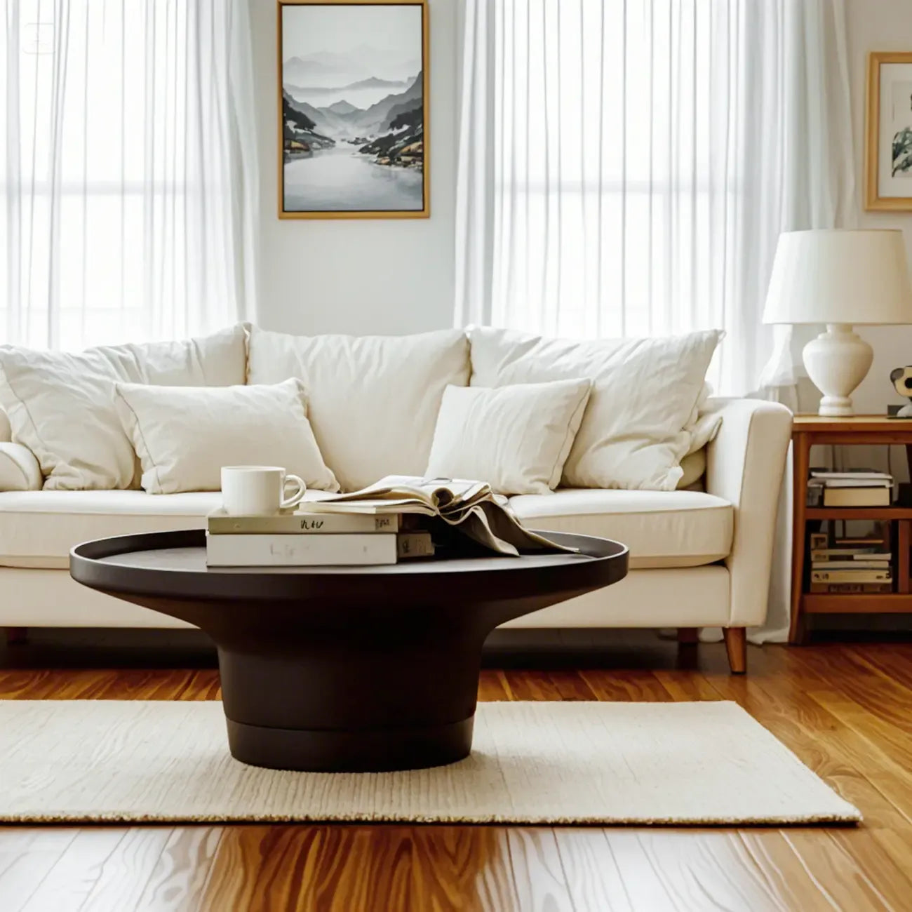 Table basse ronde moderne de petite taille, noire, avec base en marbre