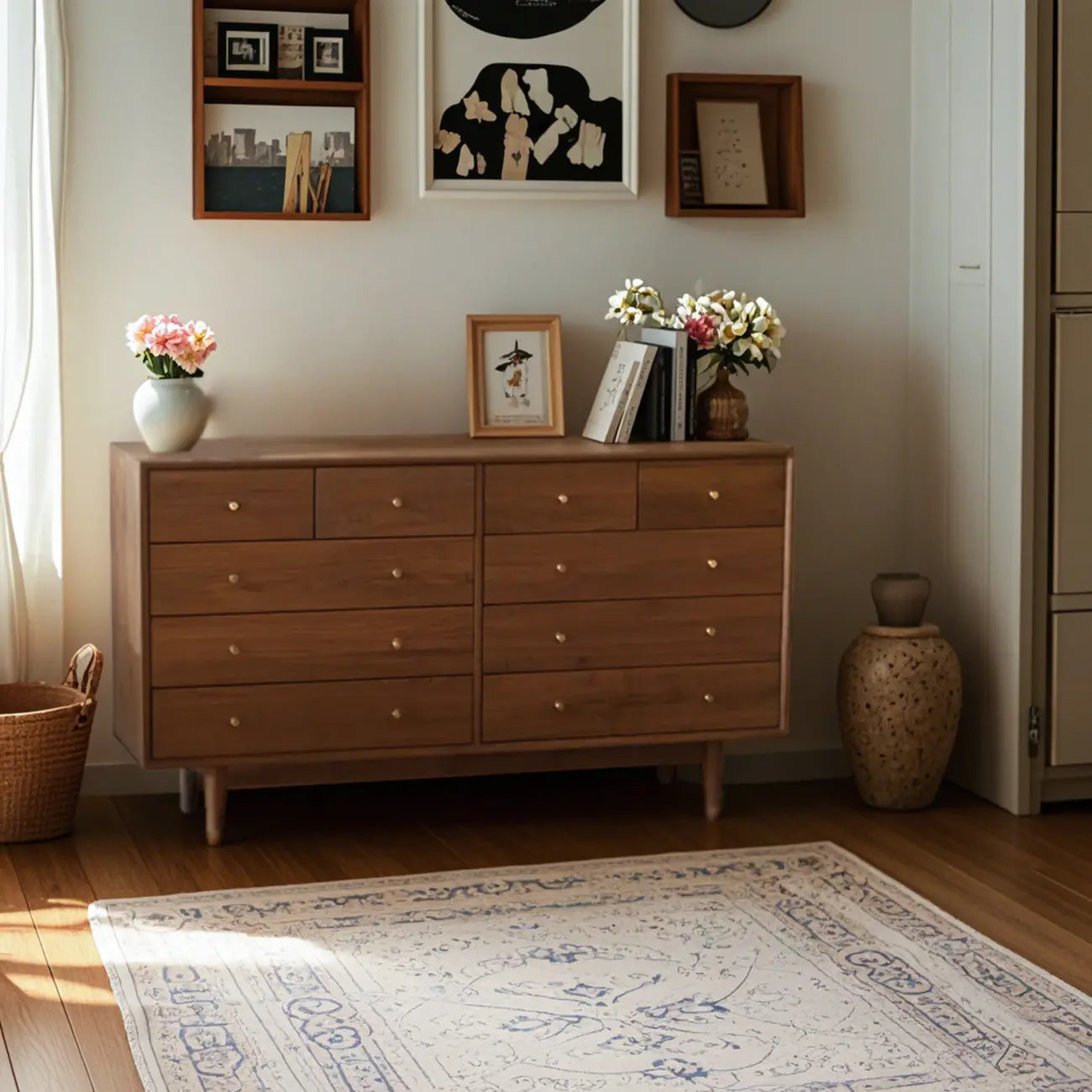 Commode double élégante en bois de cerisier avec 5 tiroirs pour chambre à coucher