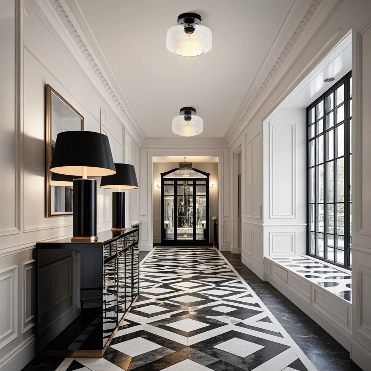 Plafonnier semi-encastré industriel en verre transparent pour couloir