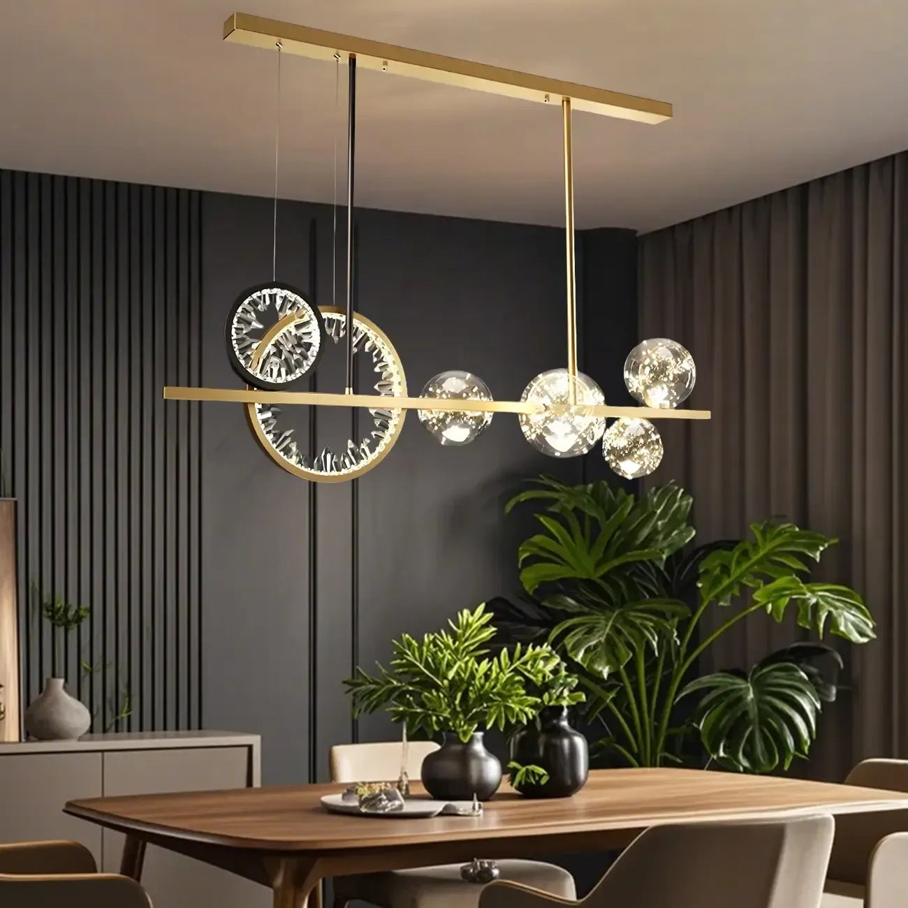 Suspension géométrique dorée en verre et cristal pour îlot