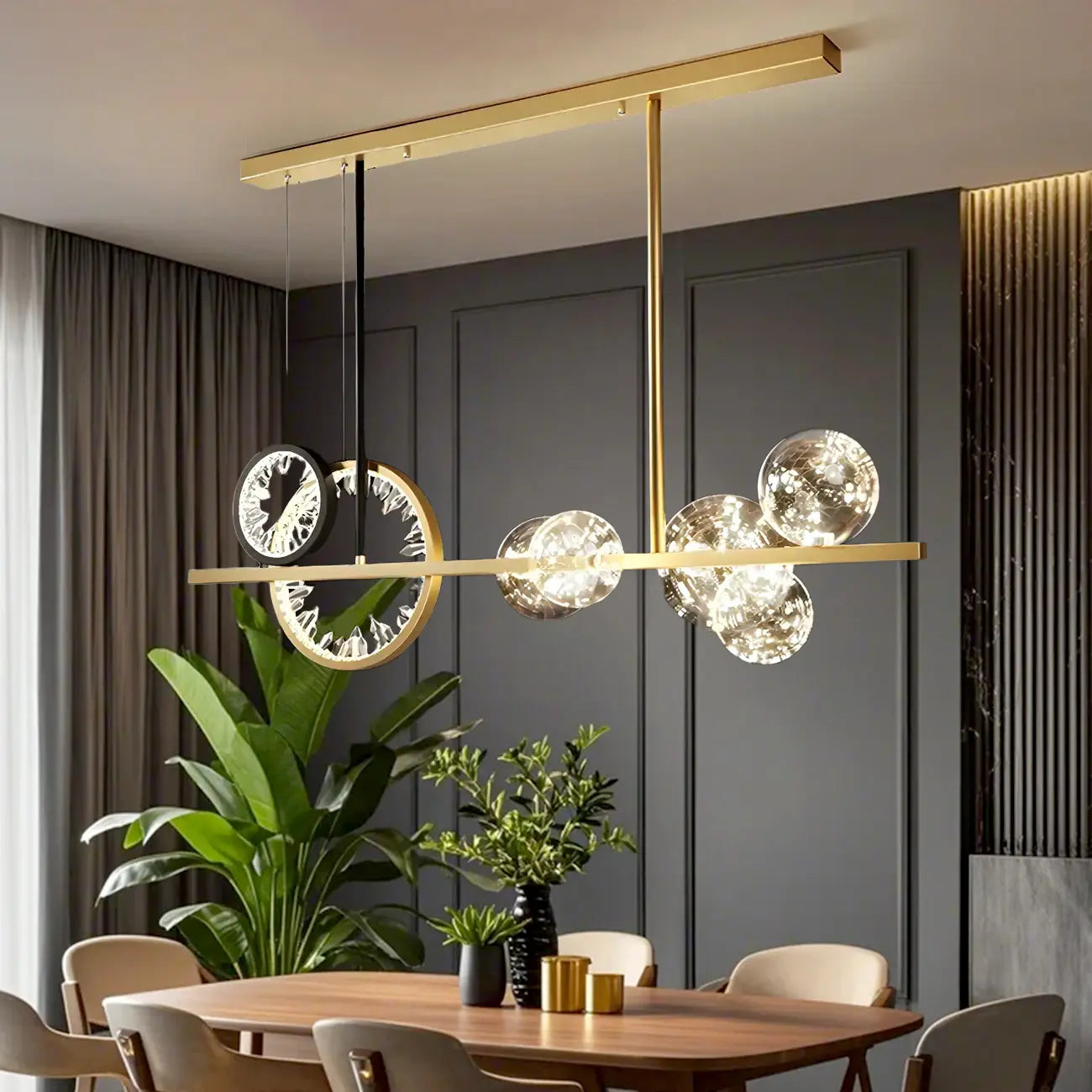 Suspension géométrique dorée en verre et cristal pour îlot