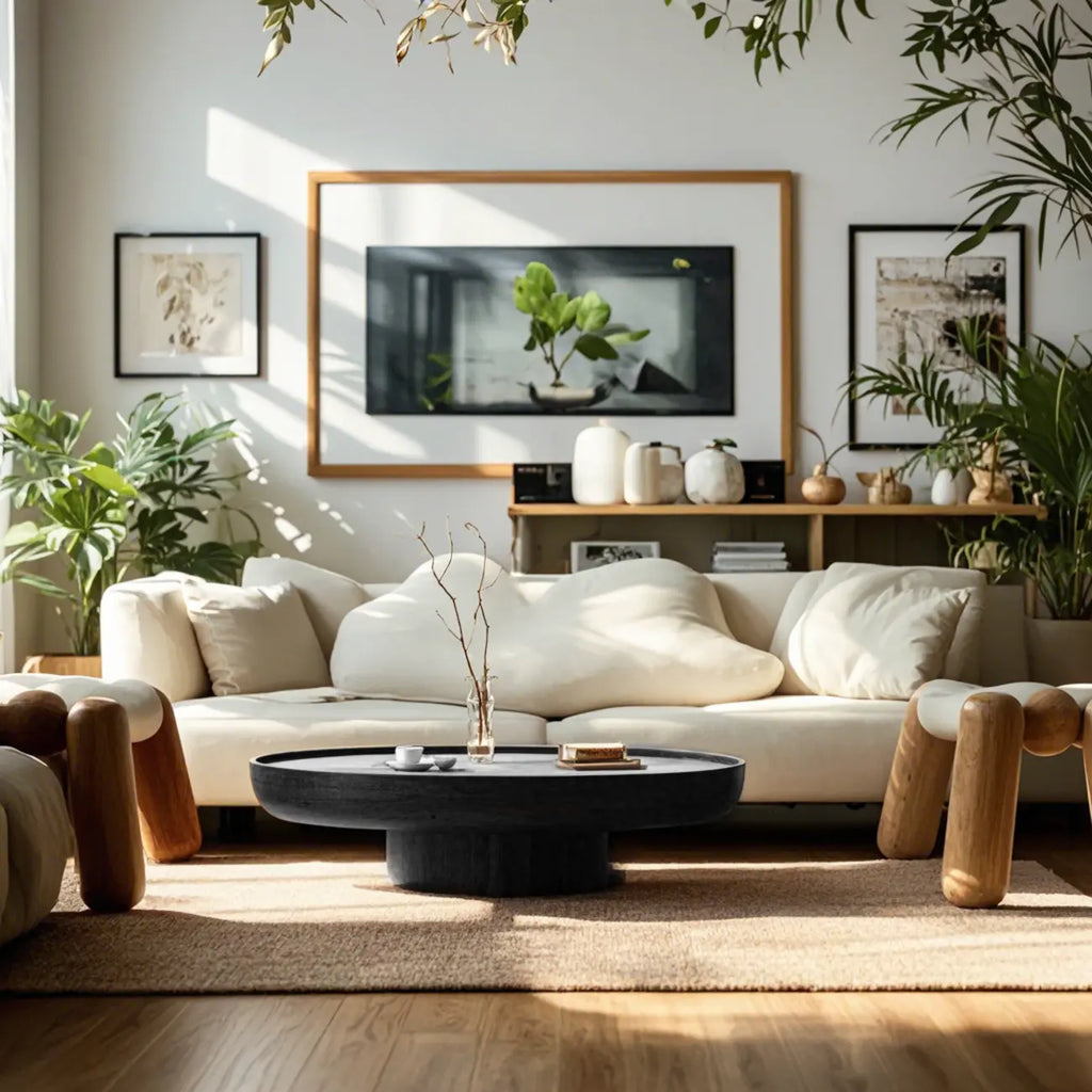 Table basse ronde moderne en fibre de verre noire avec plateau