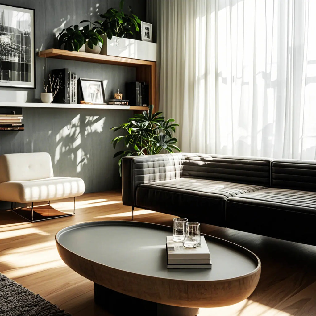 Table basse ronde moderne en fibre de verre noire avec plateau