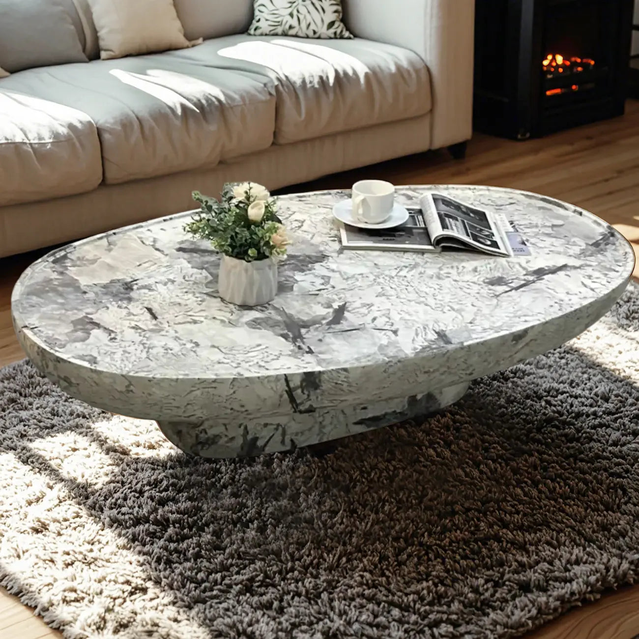 Table basse ronde moderne en fibre de verre noire avec plateau