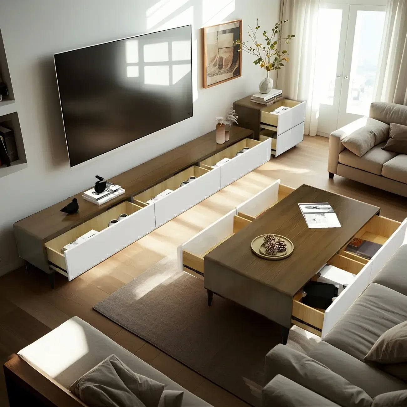 Meuble TV rectangulaire moderne marron à 3 tiroirs en pin, 63 pouces