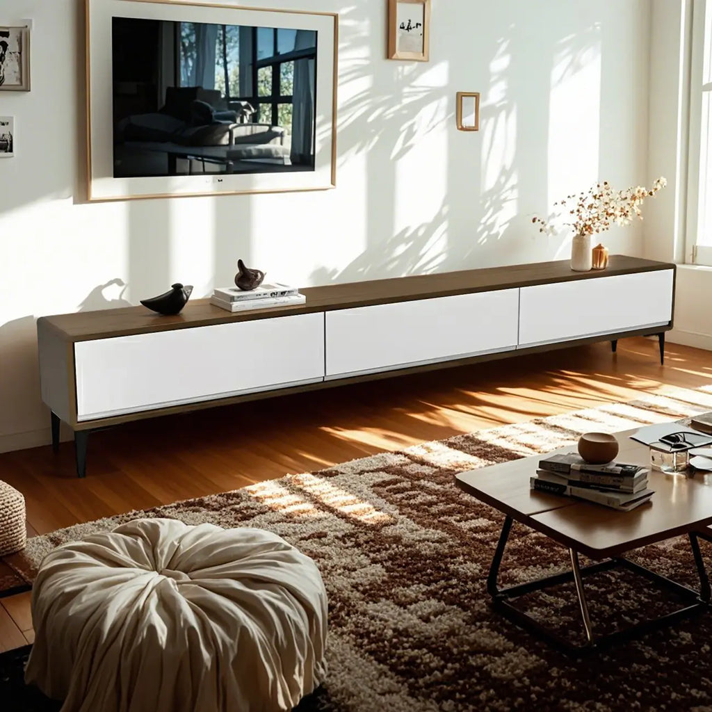 Meuble TV rectangulaire moderne marron à 3 tiroirs en pin, 63 pouces