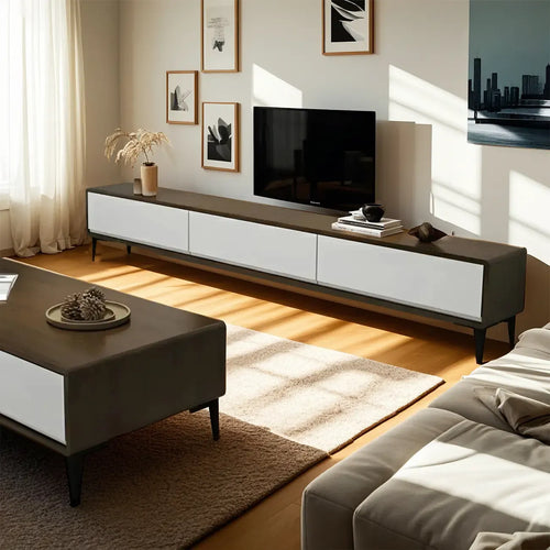 Meuble TV rectangulaire moderne marron à 3 tiroirs en pin, 63 pouces