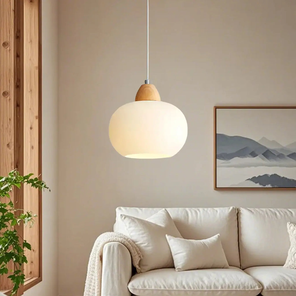 Lampe suspendue LED moderne en verre crème en forme de galet pour chevet