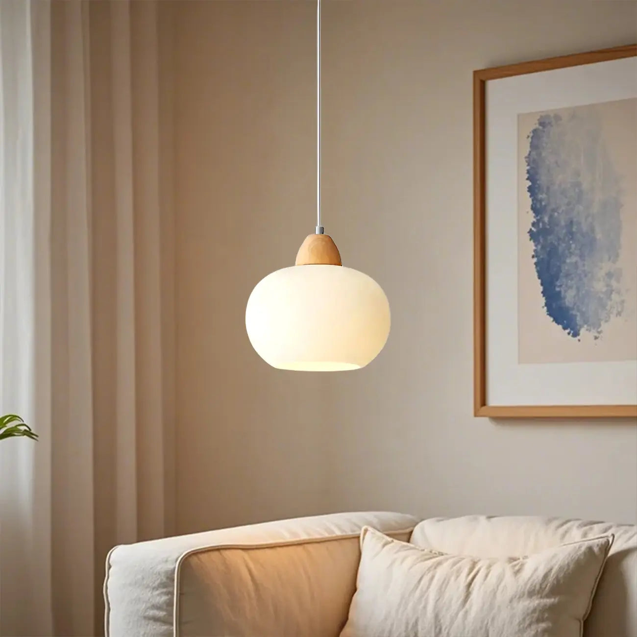 Lampe suspendue LED moderne en verre crème en forme de galet pour chevet