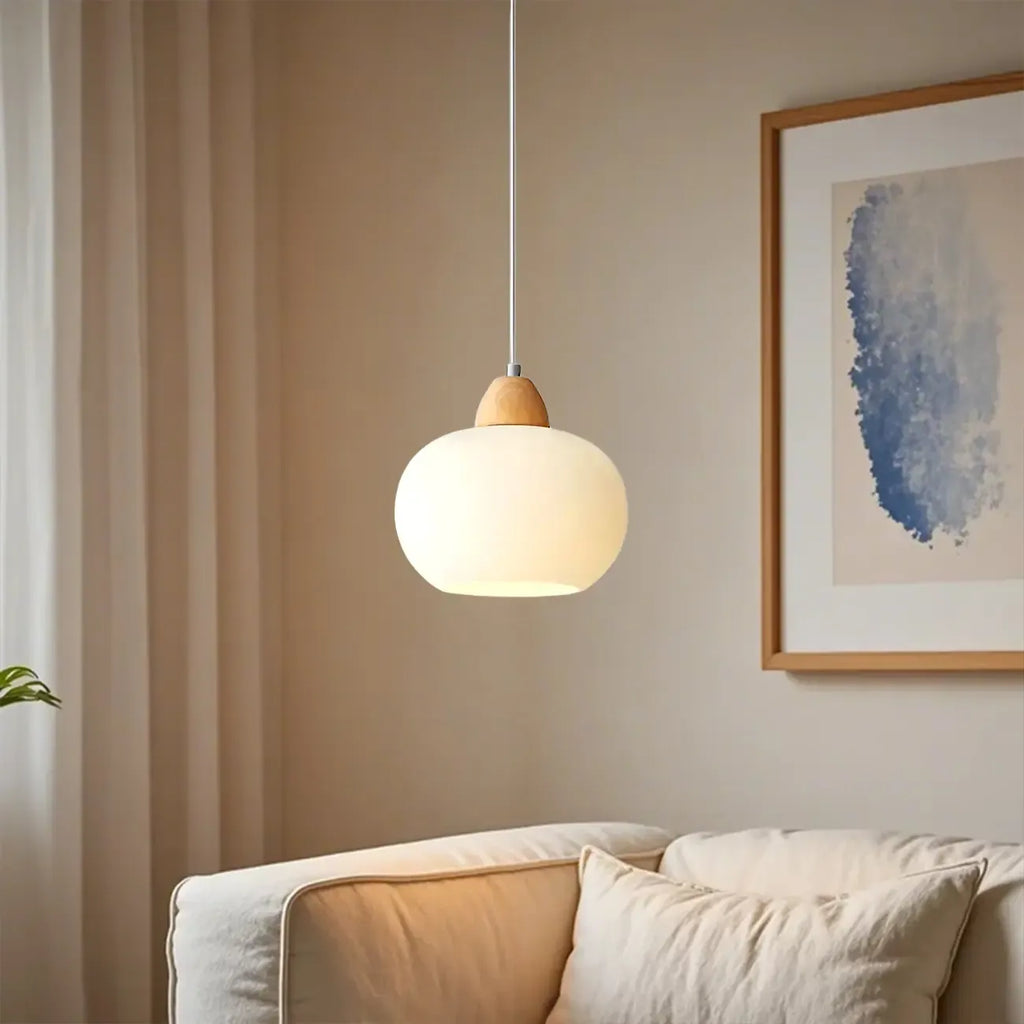 Lampe suspendue LED moderne en verre crème en forme de galet pour chevet