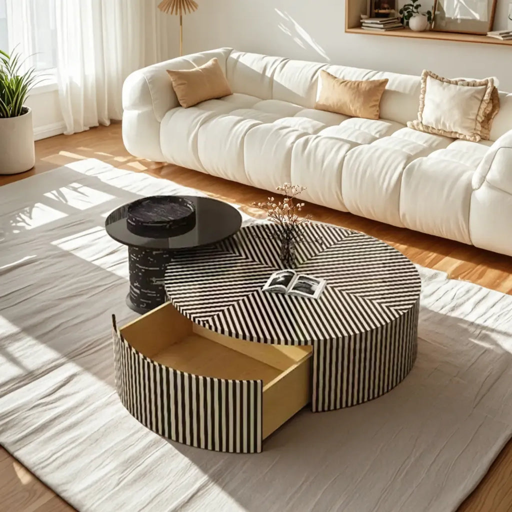 Table basse ronde à tiroirs en bois à rayures noires et blanches