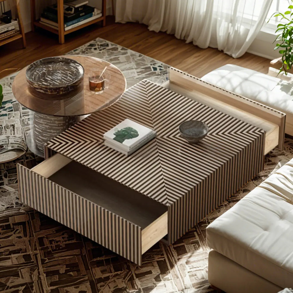 Table basse ronde à tiroirs en bois à rayures noires et blanches