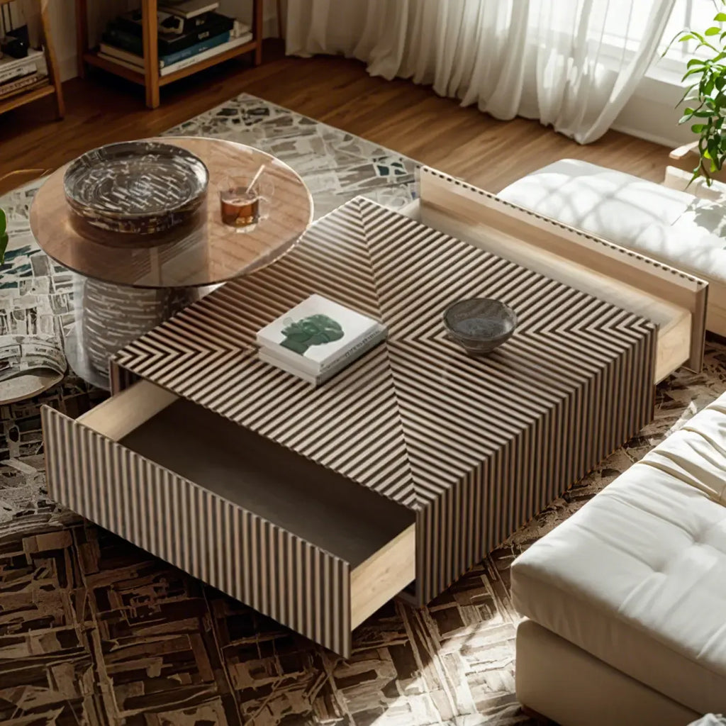 Table basse ronde à tiroirs en bois à rayures noires et blanches