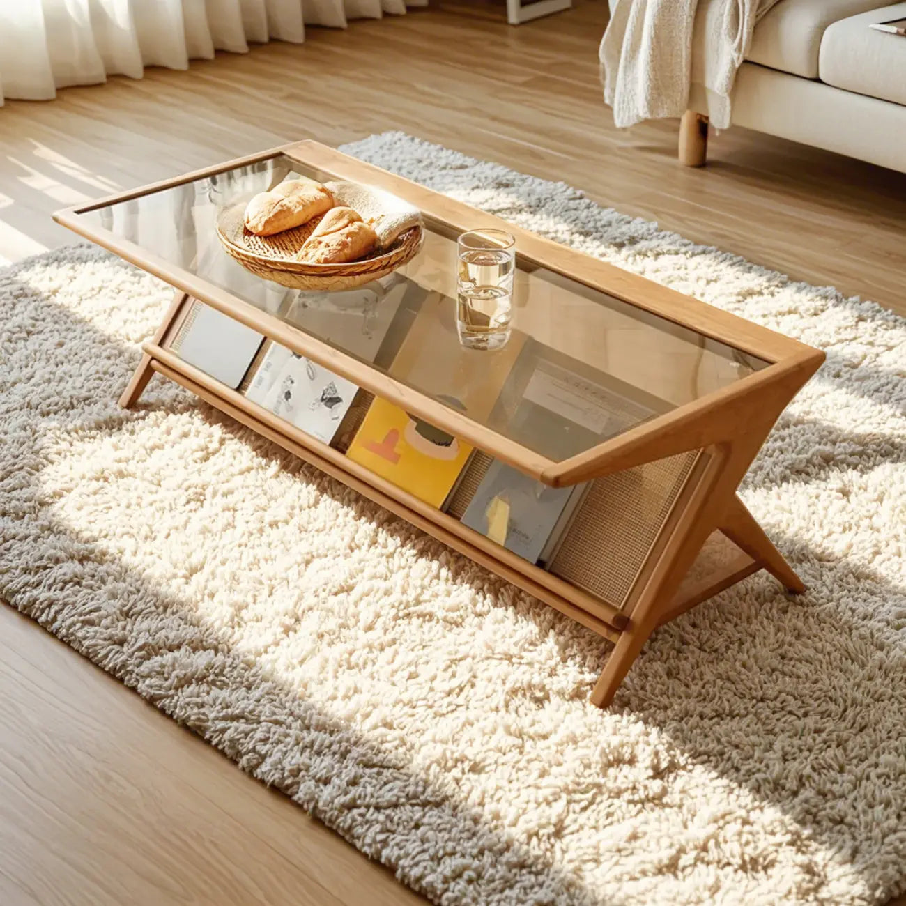 Table basse rectangulaire moderne en verre et bois marron avec étagère