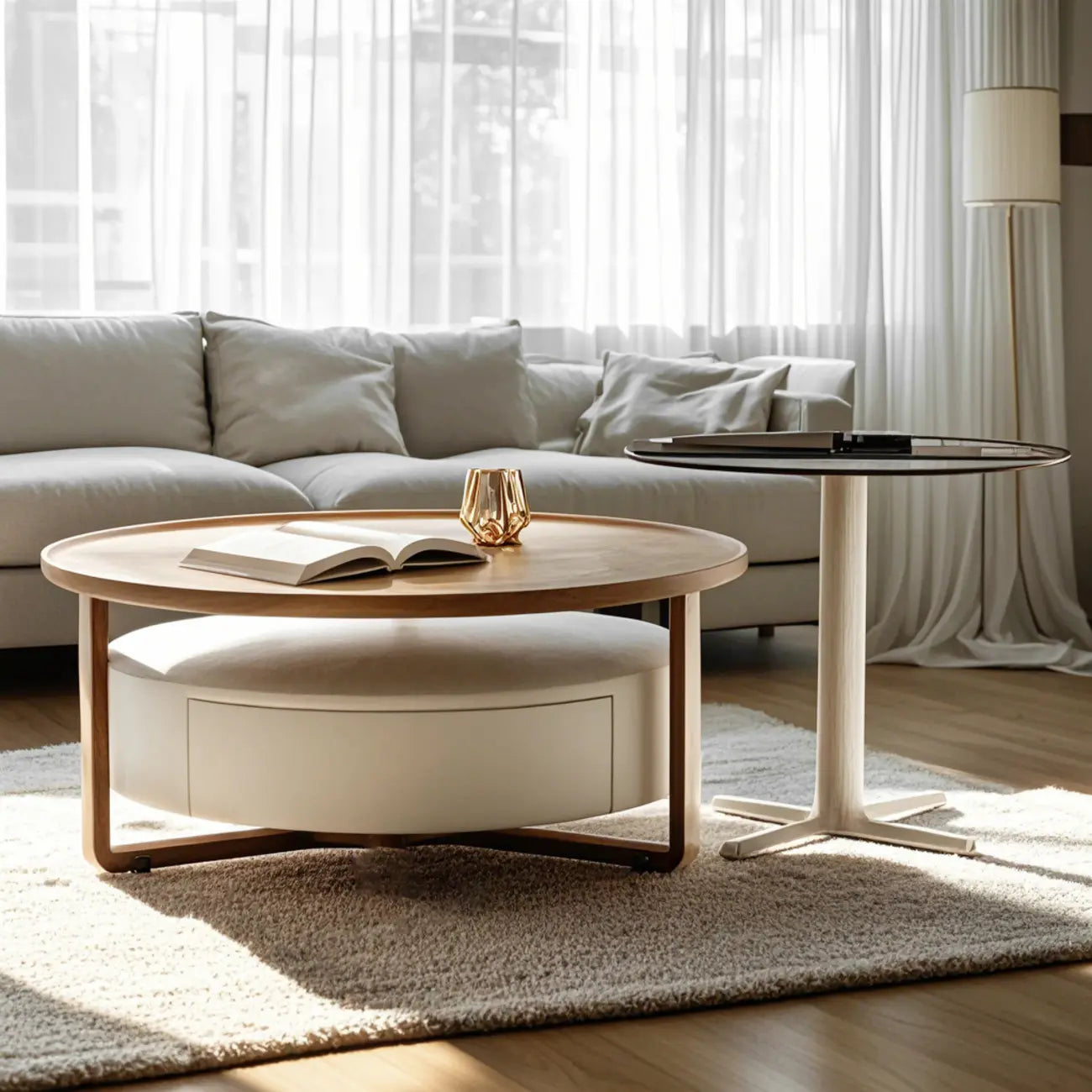 Table basse moderne ronde en bois avec tiroir