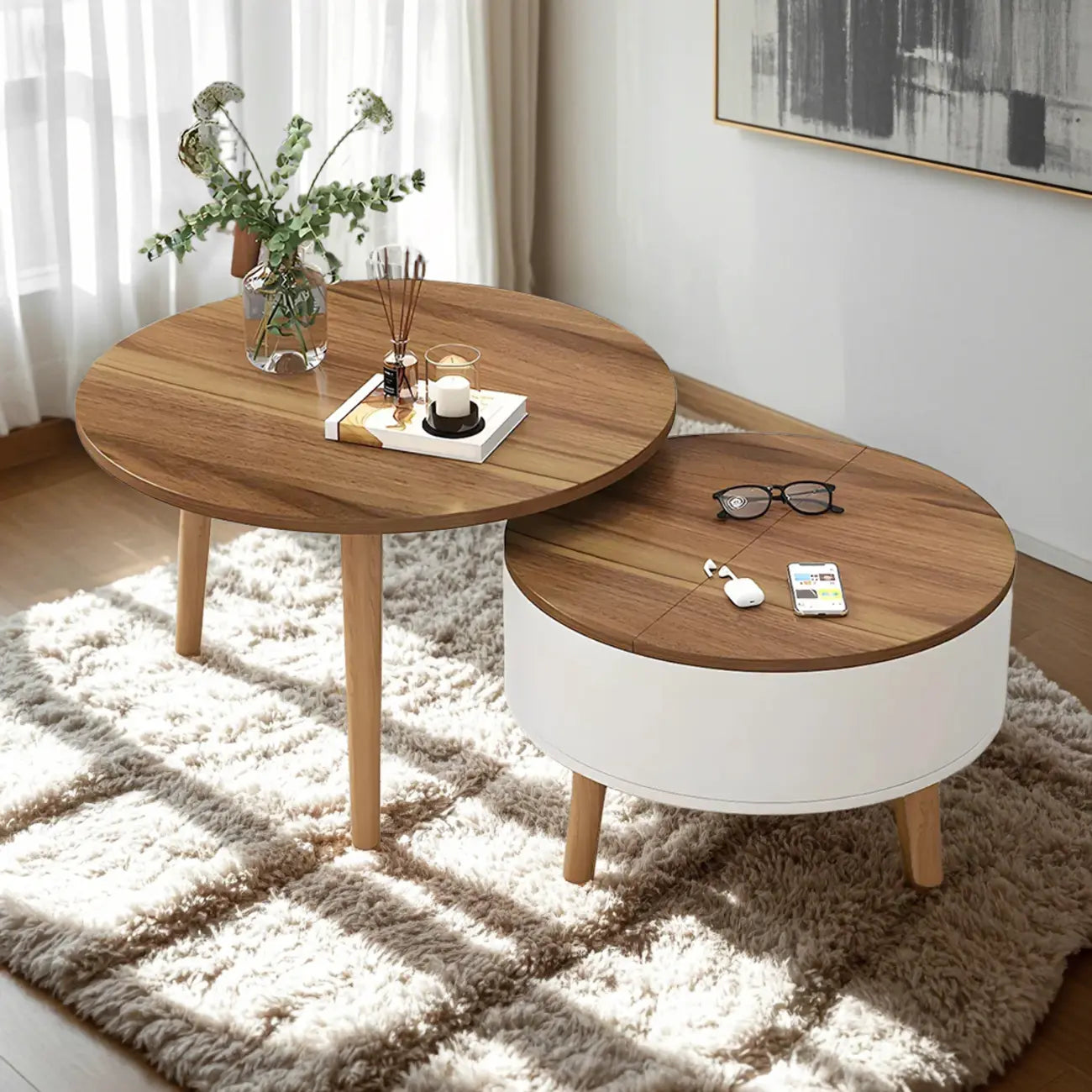 Table basse ronde moderne en bois noir et blanc avec rangement
