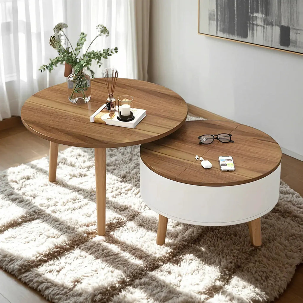 Table basse ronde moderne en bois noir et blanc avec rangement