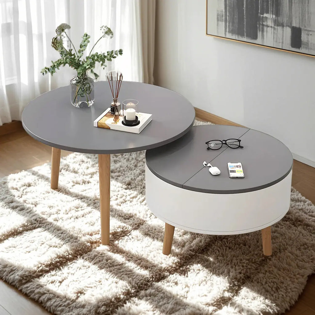 Table basse ronde moderne en bois noir et blanc avec rangement
