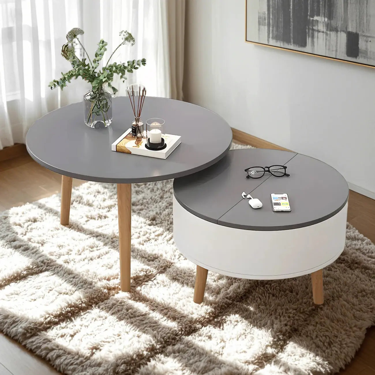 Table basse ronde moderne en bois noir et blanc avec rangement